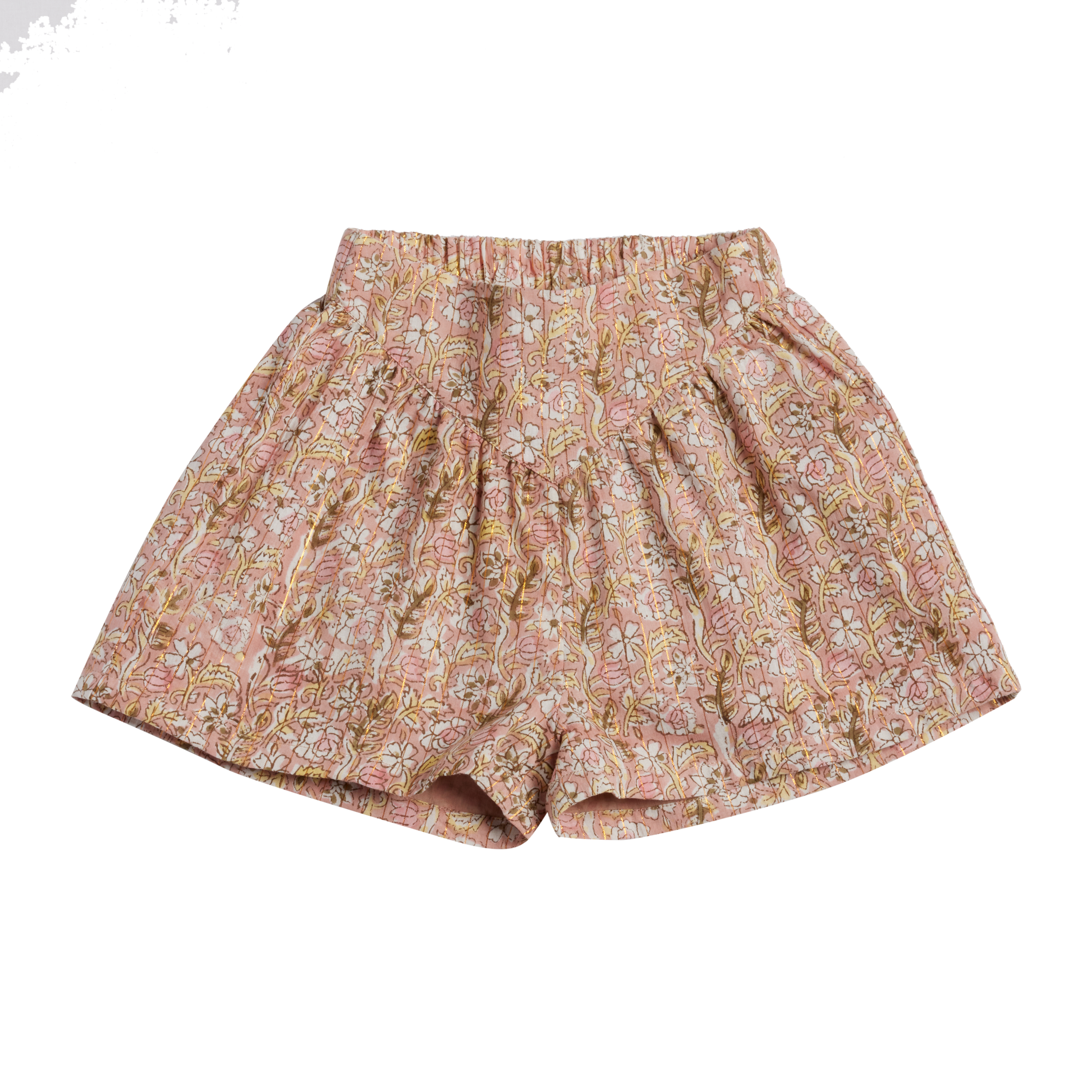 Floral patterned shorts on a white background