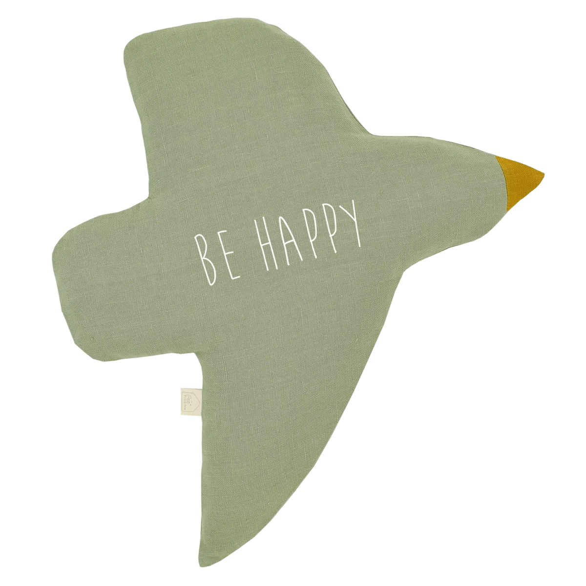 A bird-shaped plush cushion in sage green linen fabric with 'BE HAPPY' embroidered in white on the chest and a mustard yellow beak, shown on a plain white background.