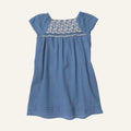 Blue dress with floral embroidery on a white background