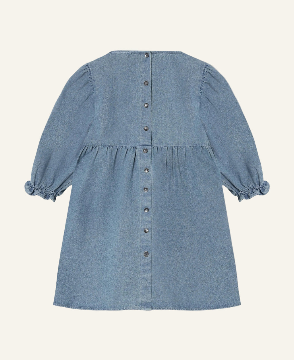 A light blue denim dress shown from the back, featuring a button-down center back, gathered waist seam, and ruffled elbow-length sleeves.