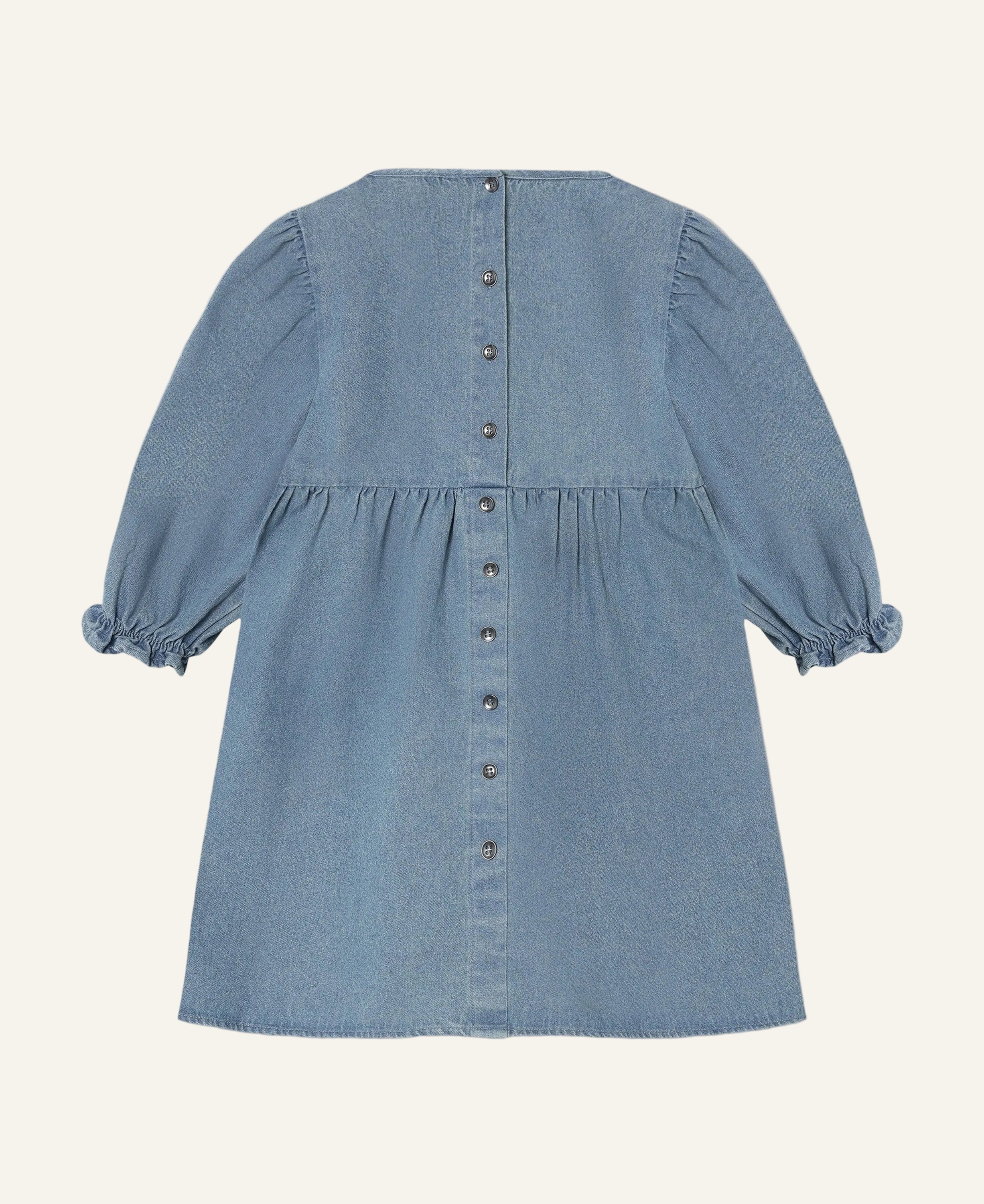A light blue denim dress shown from the back, featuring a button-down center back, gathered waist seam, and ruffled elbow-length sleeves.