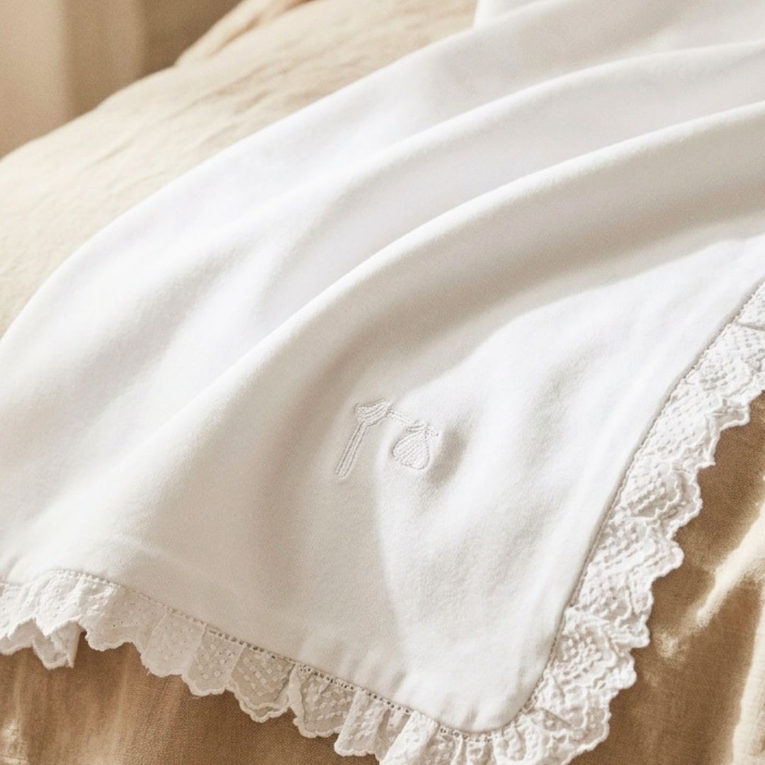 Close-up of a white lace-trimmed garment on a beige background