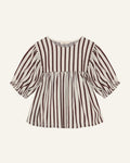 A children's top with vertical brown and cream stripes, featuring a smocked bodice and puff sleeves, shown flat on a light gray background.