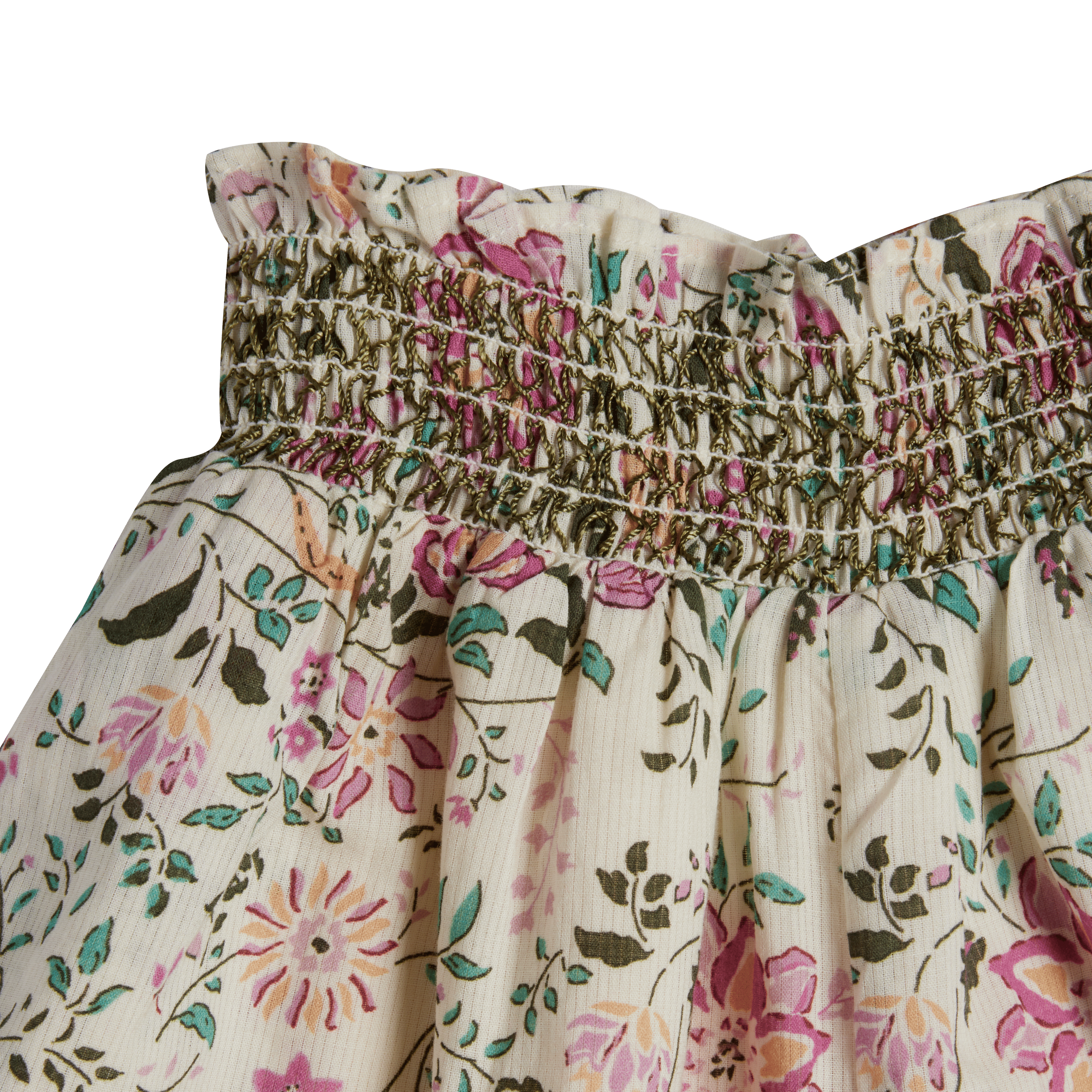 Floral patterned fabric with smocked waistband on a green background
