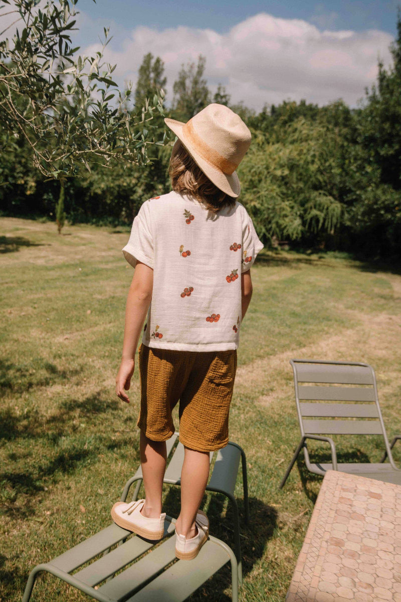 Child standing on a chair in a garden wearing a hat and patterned shirt.