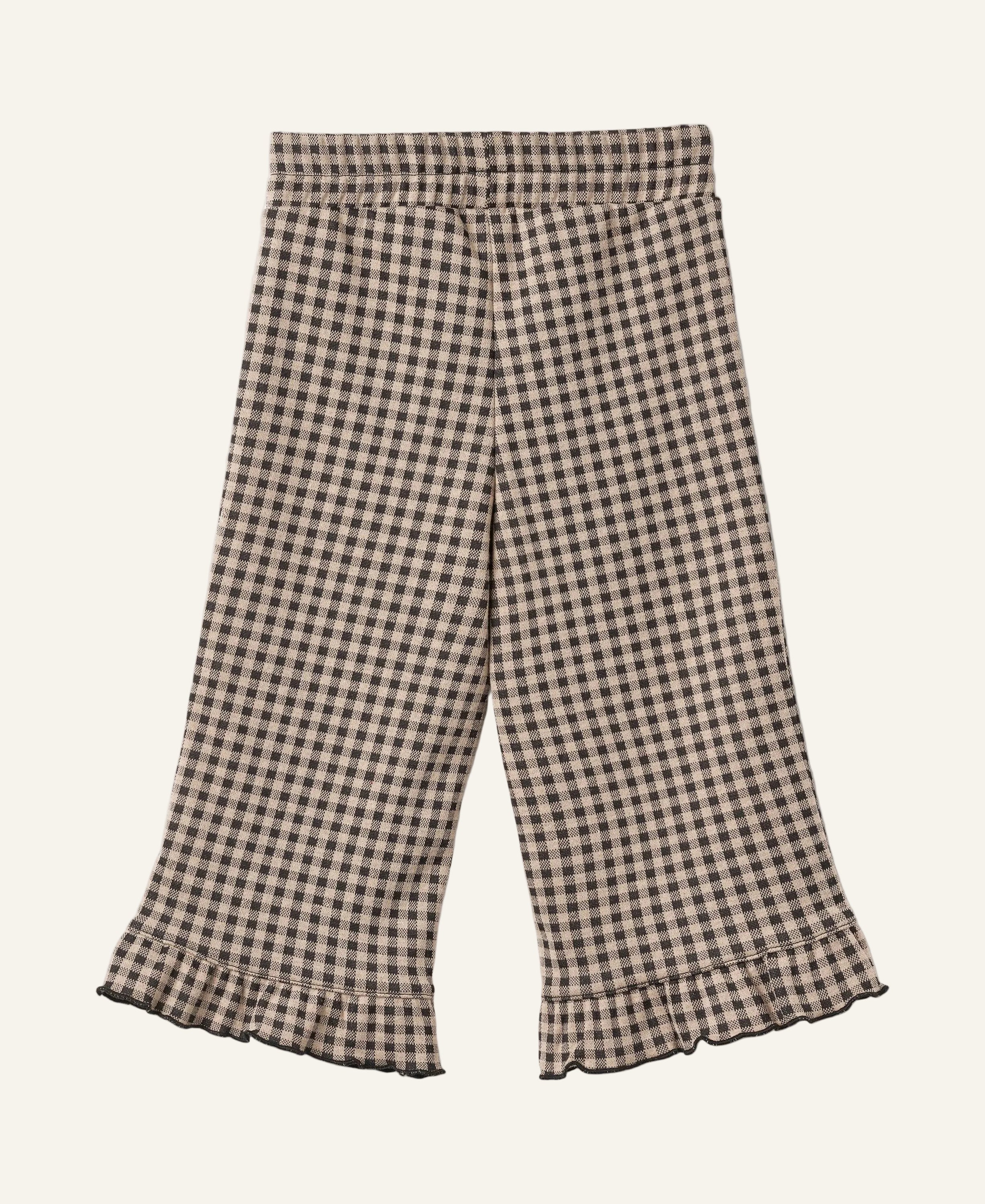 A pair of cropped wide-leg pants featuring a brown and beige gingham check pattern and a ruffled hem, displayed against a light gray background.