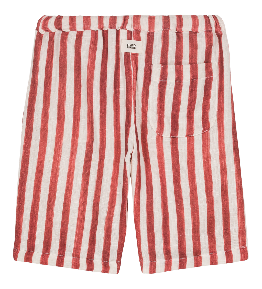 Red and white striped shorts on a white background