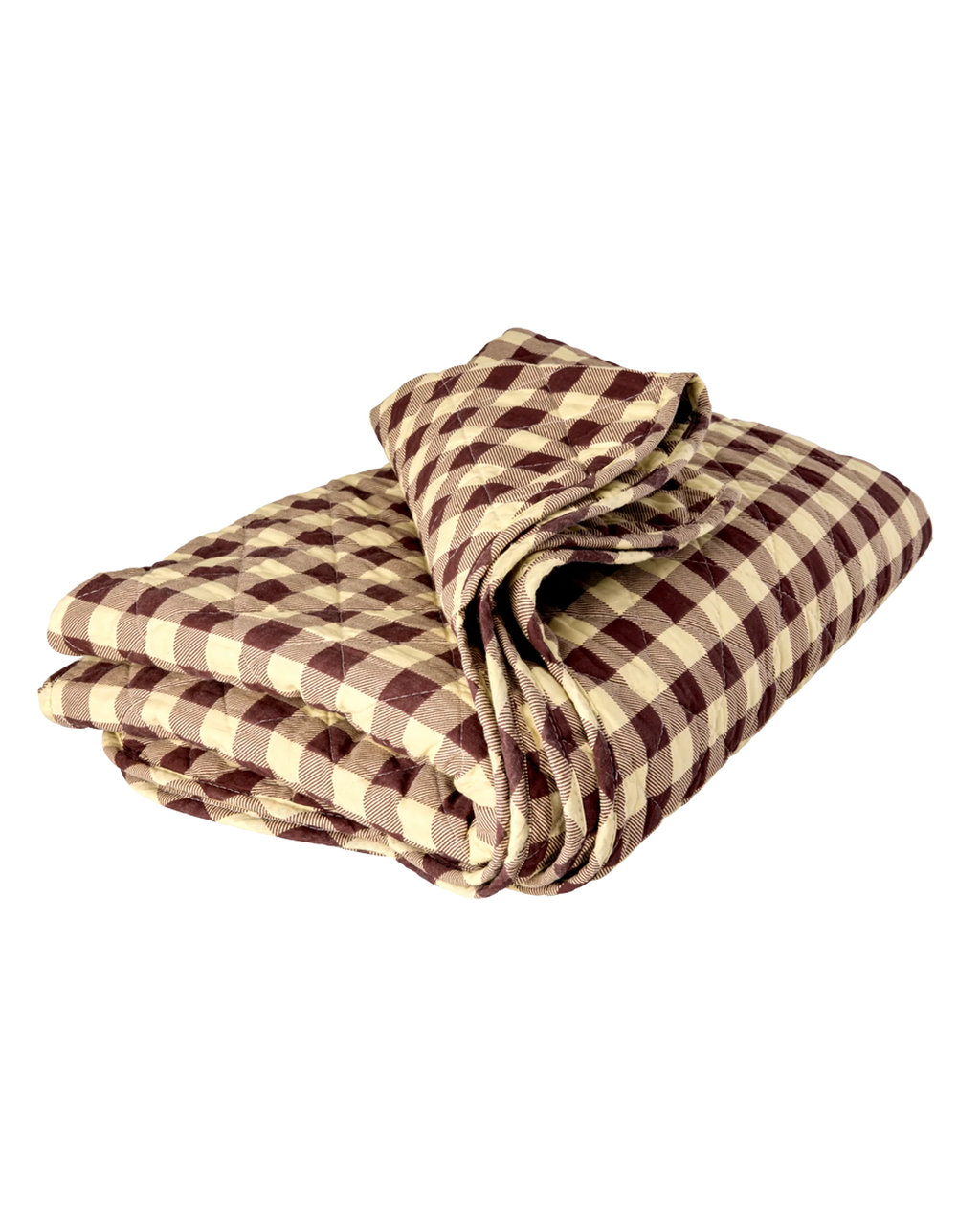 A folded quilted blanket with a brown and beige gingham checkered pattern, isolated on a white background.