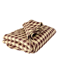 A folded quilted blanket with a brown and beige gingham checkered pattern, isolated on a white background.