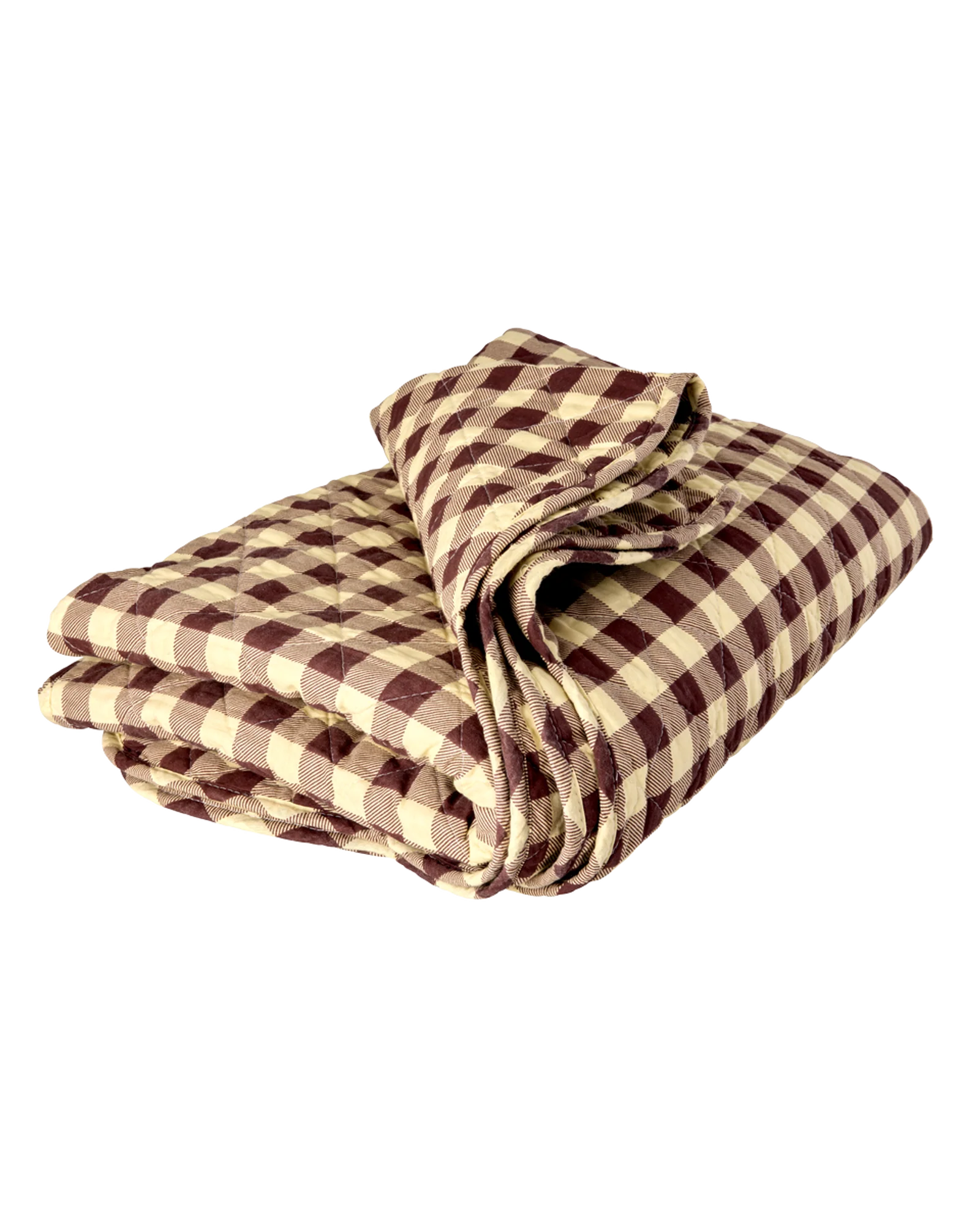 A folded quilted blanket with a brown and beige gingham checkered pattern, isolated on a white background.