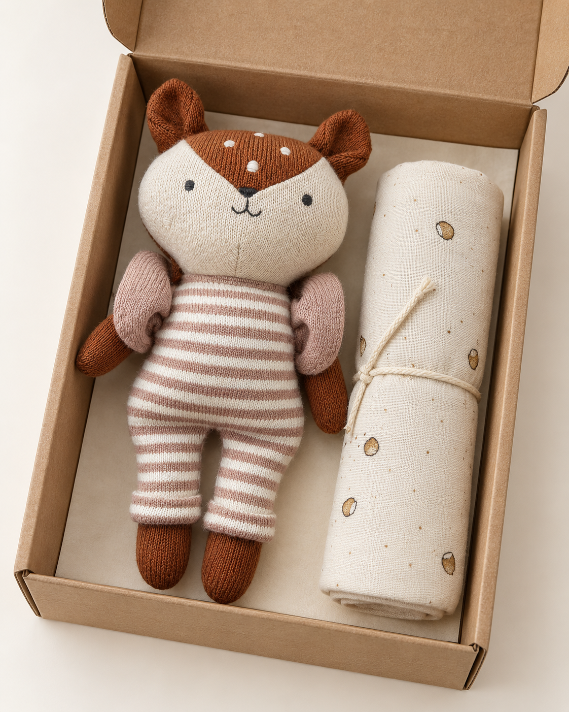 A soft fabric stuffed animal with a deer face and brown-and-cream striped body, displayed inside an open kraft gift box next to a rolled cream fabric item tied with string.