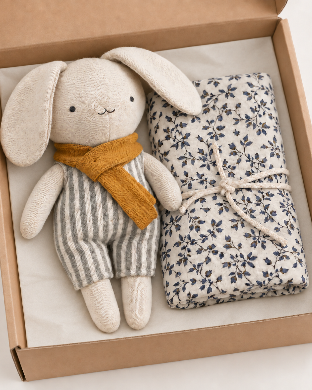 A plush bunny toy in cream-colored fabric with gray-and-white striped clothing and a mustard yellow scarf, placed in an open kraft gift box next to a folded cream fabric item with a blue floral print tied with a string.