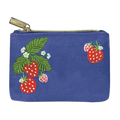 A blue canvas zippered pouch featuring embroidered strawberries, green leaves, and small white flowers, with a gold-tone zipper pull.