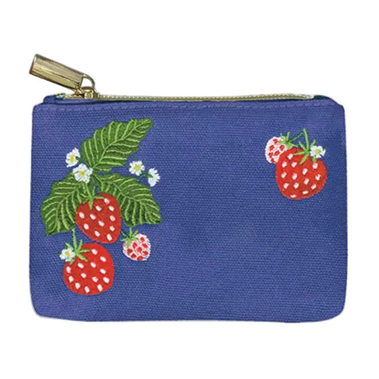 A blue canvas zippered pouch featuring embroidered strawberries, green leaves, and small white flowers, with a gold-tone zipper pull.