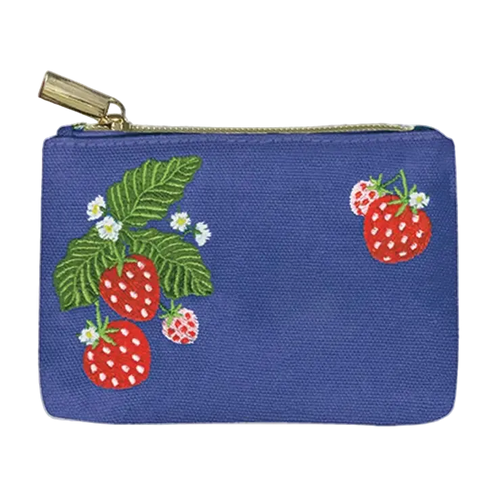 A blue canvas zippered pouch featuring embroidered strawberries, green leaves, and small white flowers, with a gold-tone zipper pull.