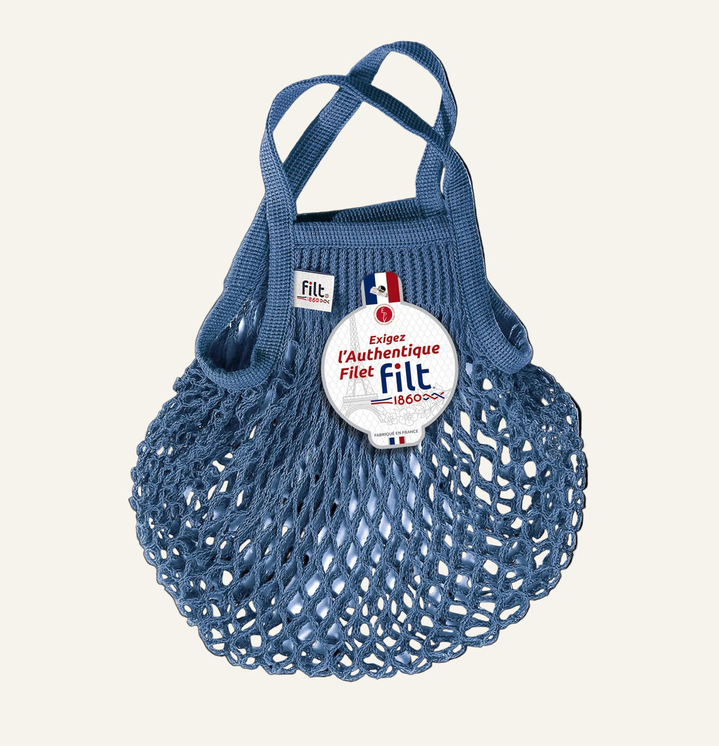 Blue mesh bag with Filt branding on a white background