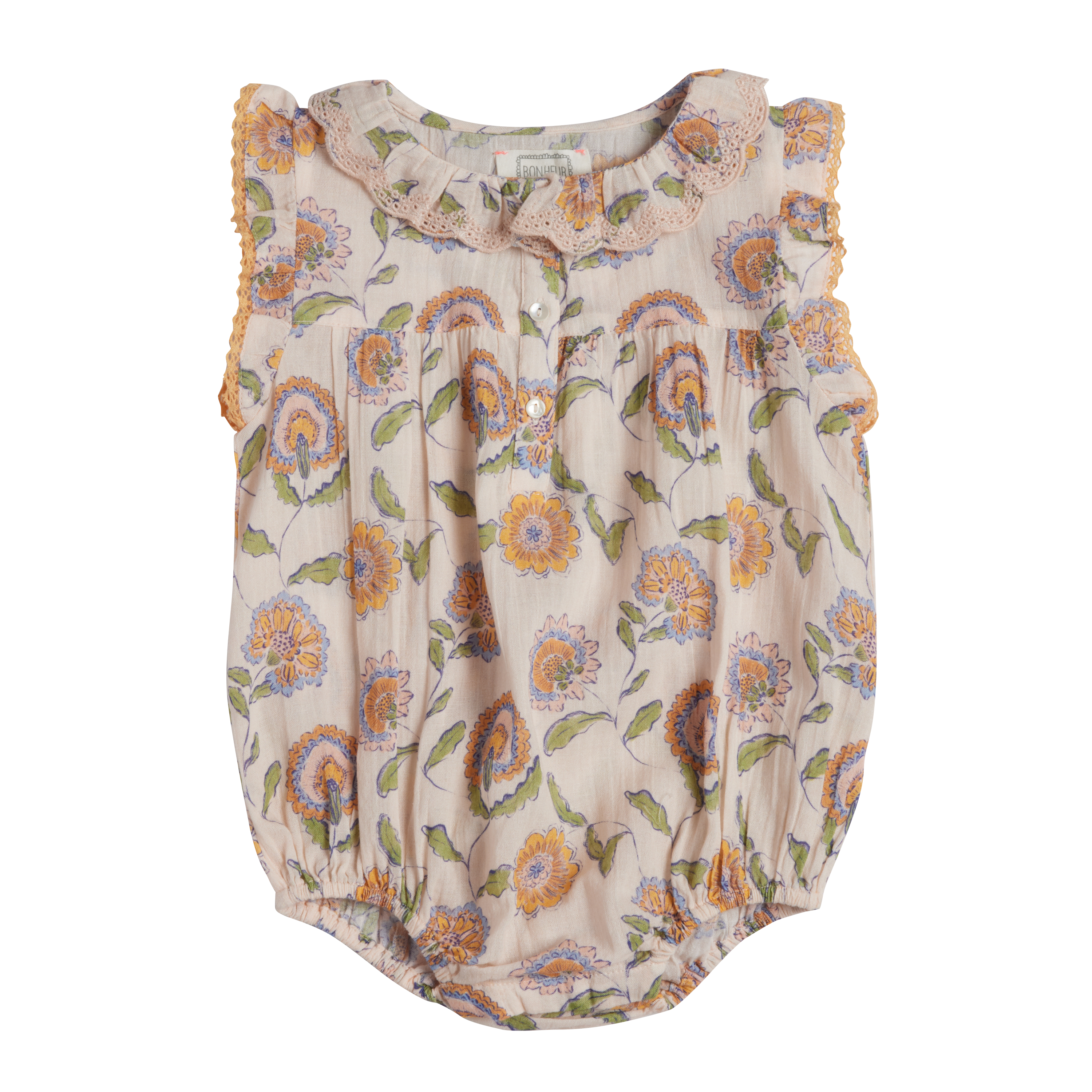 Floral-patterned baby romper on a white background