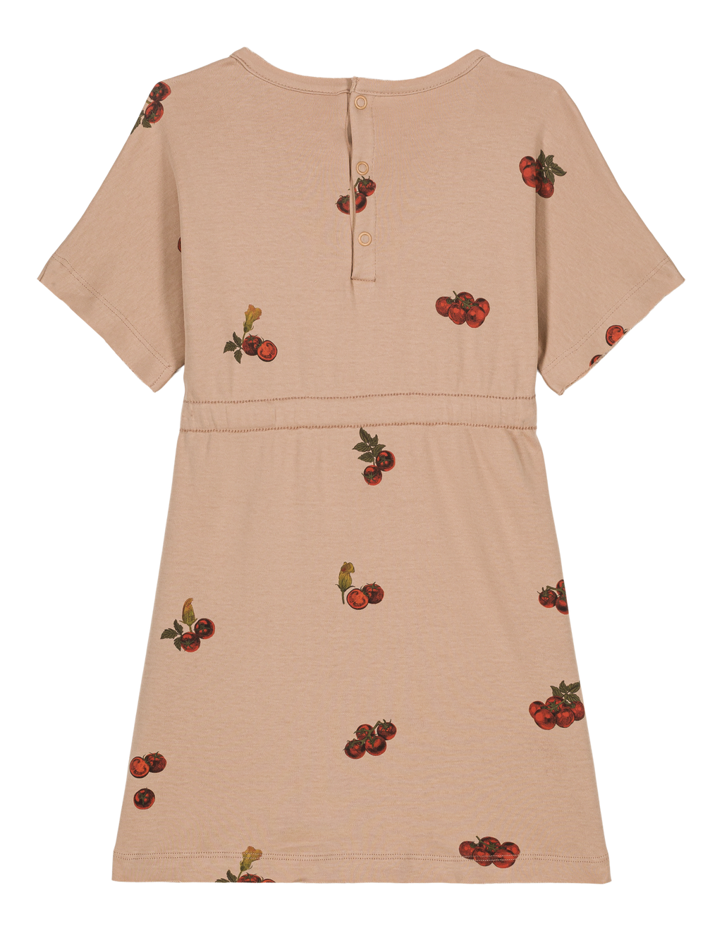 Beige dress with cherry embroidery on a white background