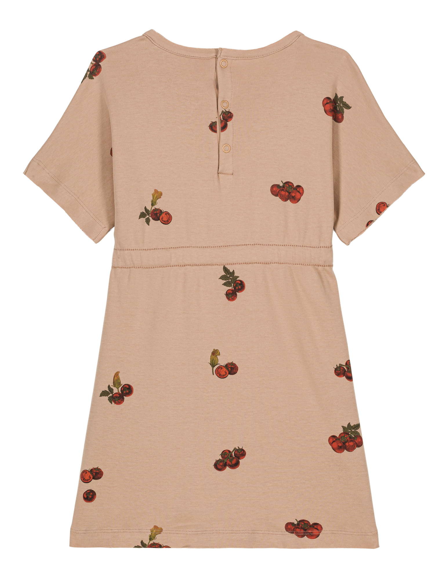 Beige dress with cherry embroidery on a white background