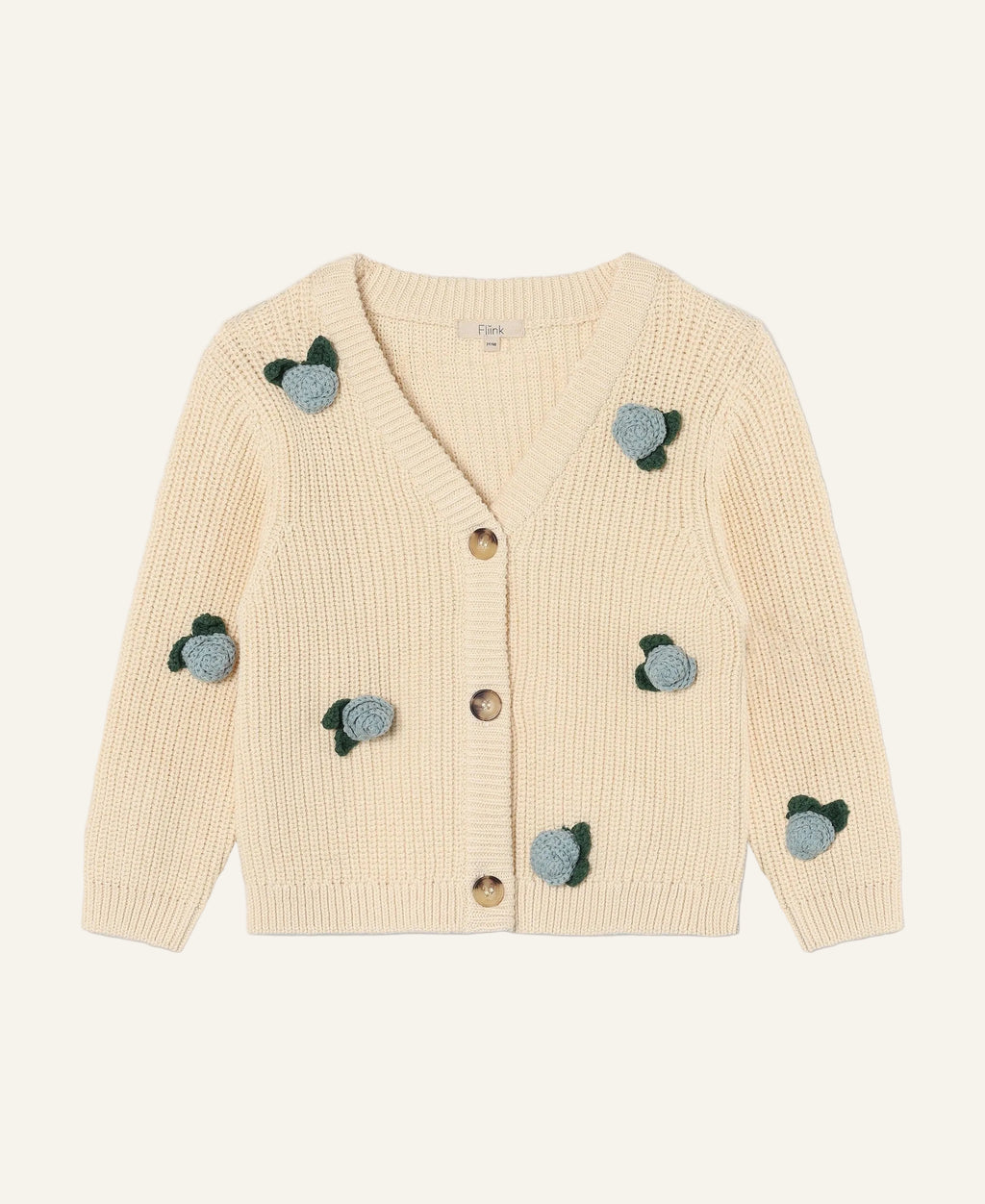 A cream-colored ribbed knit cardigan sweater with decorative blue and green embroidered motifs, shown flat on a light gray background.