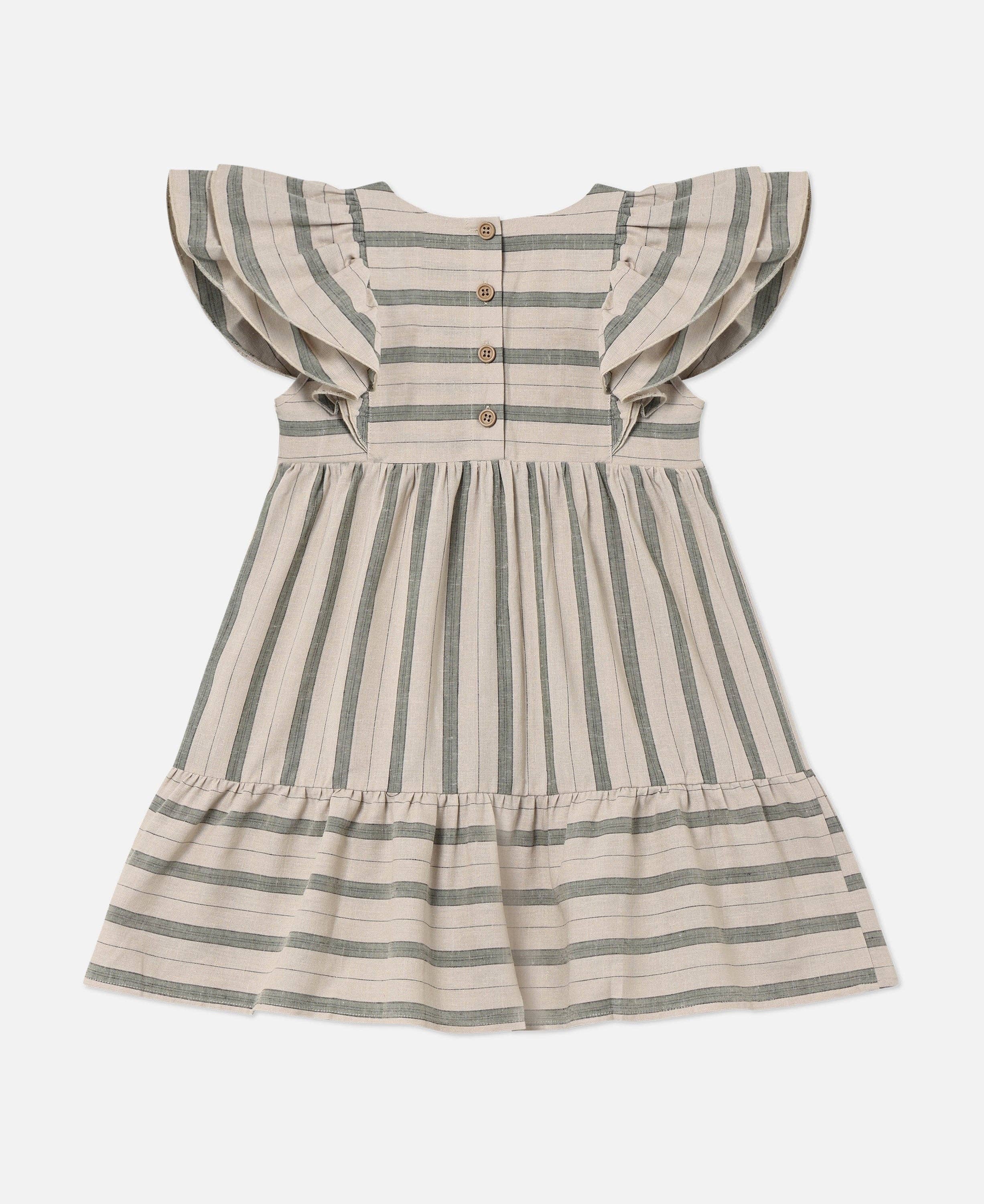 Striped dress with ruffled sleeves on a white background