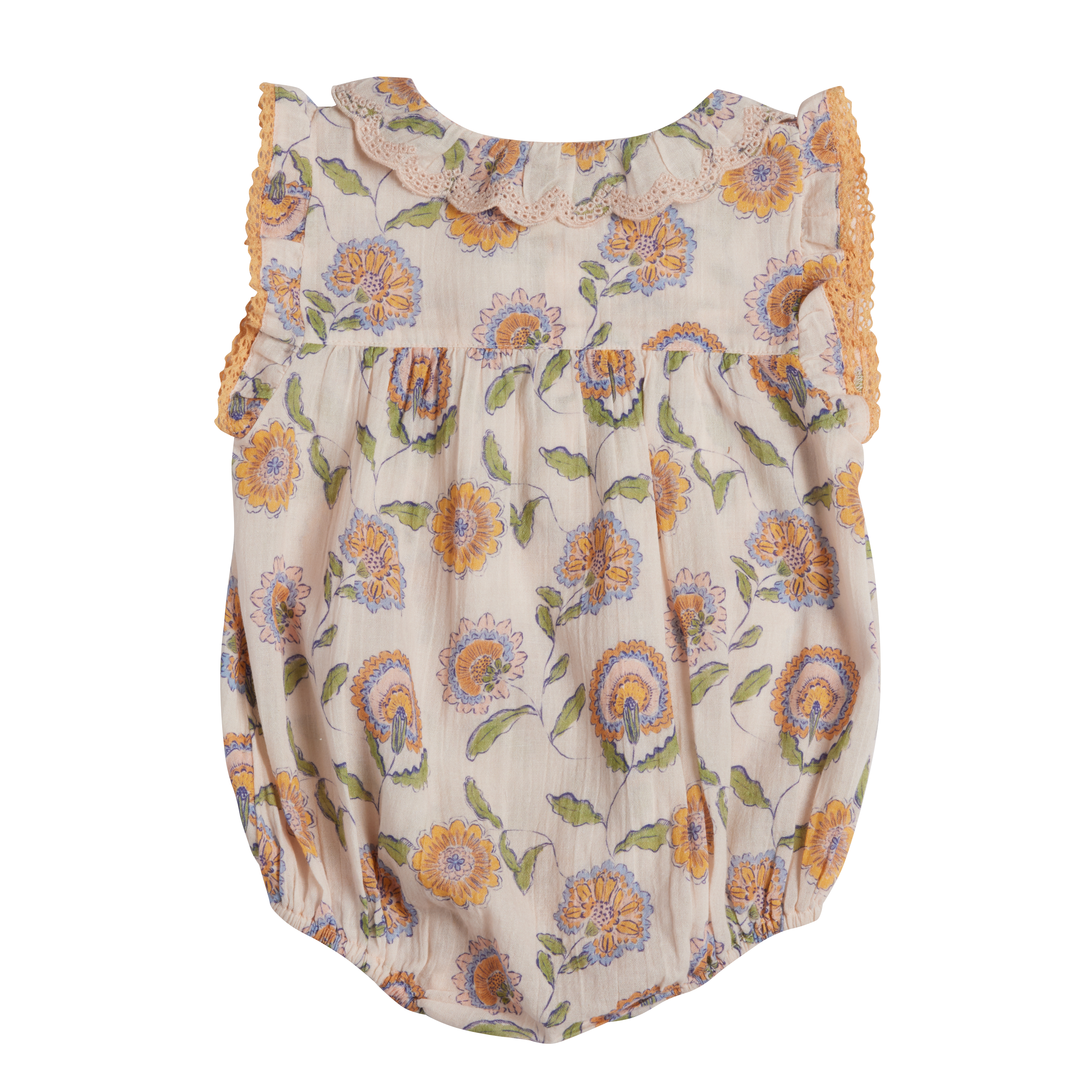 Floral baby romper with ruffled trim on a white background