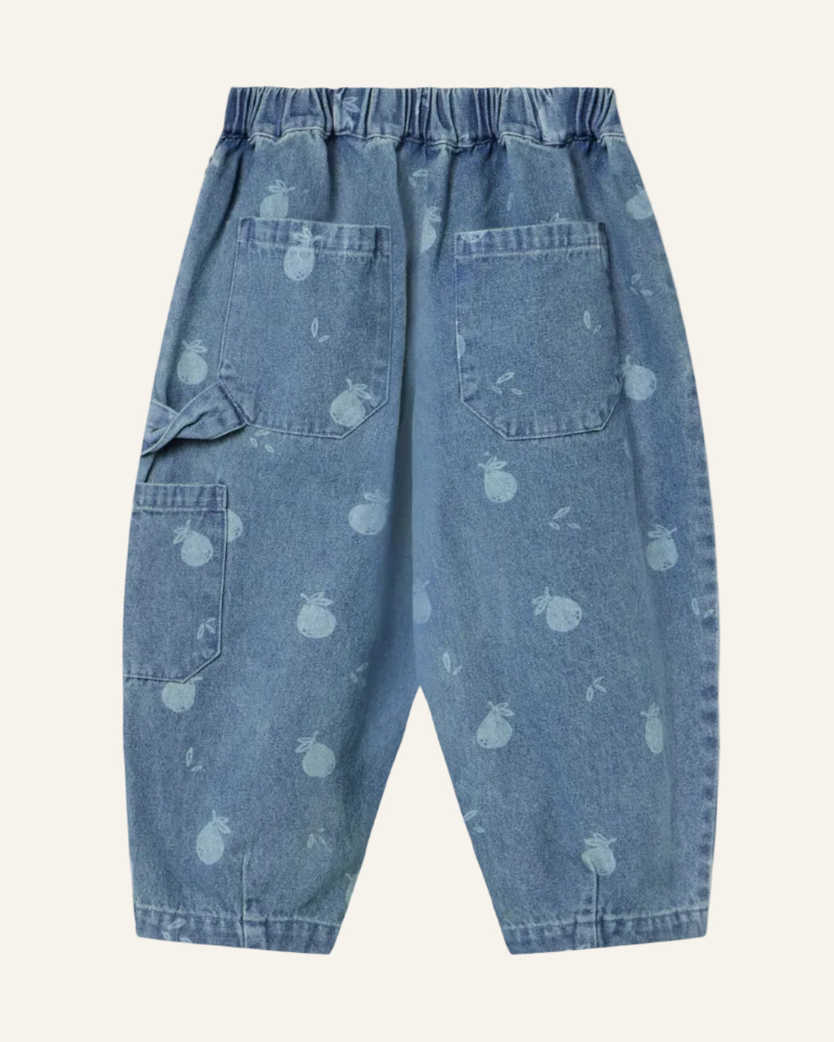 Light blue denim pants with a light blue fruit print, featuring cargo pockets and an elastic waistband, shown from the back on a light gray background.