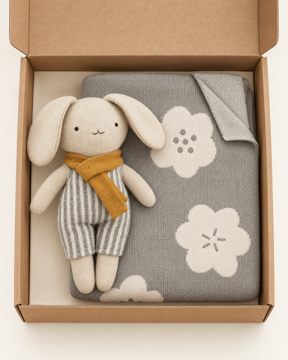A baby gift set in a brown cardboard box, featuring a plush bunny doll wearing gray and white striped overalls and a mustard yellow scarf, next to a folded gray blanket with white floral patterns.