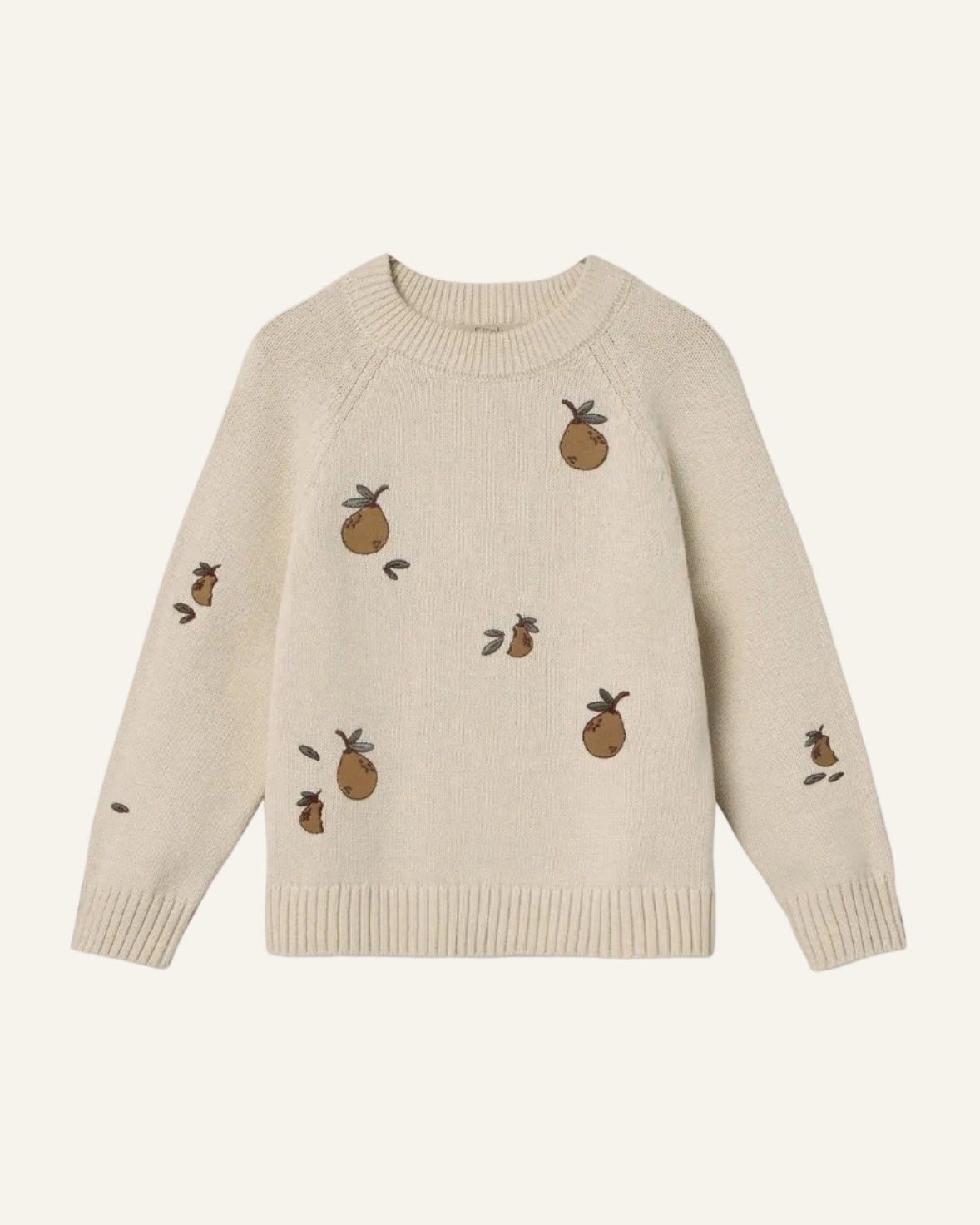 A cream-colored knit sweater featuring embroidered brown pineapples with green tops and leaves, displayed against a light gray background.