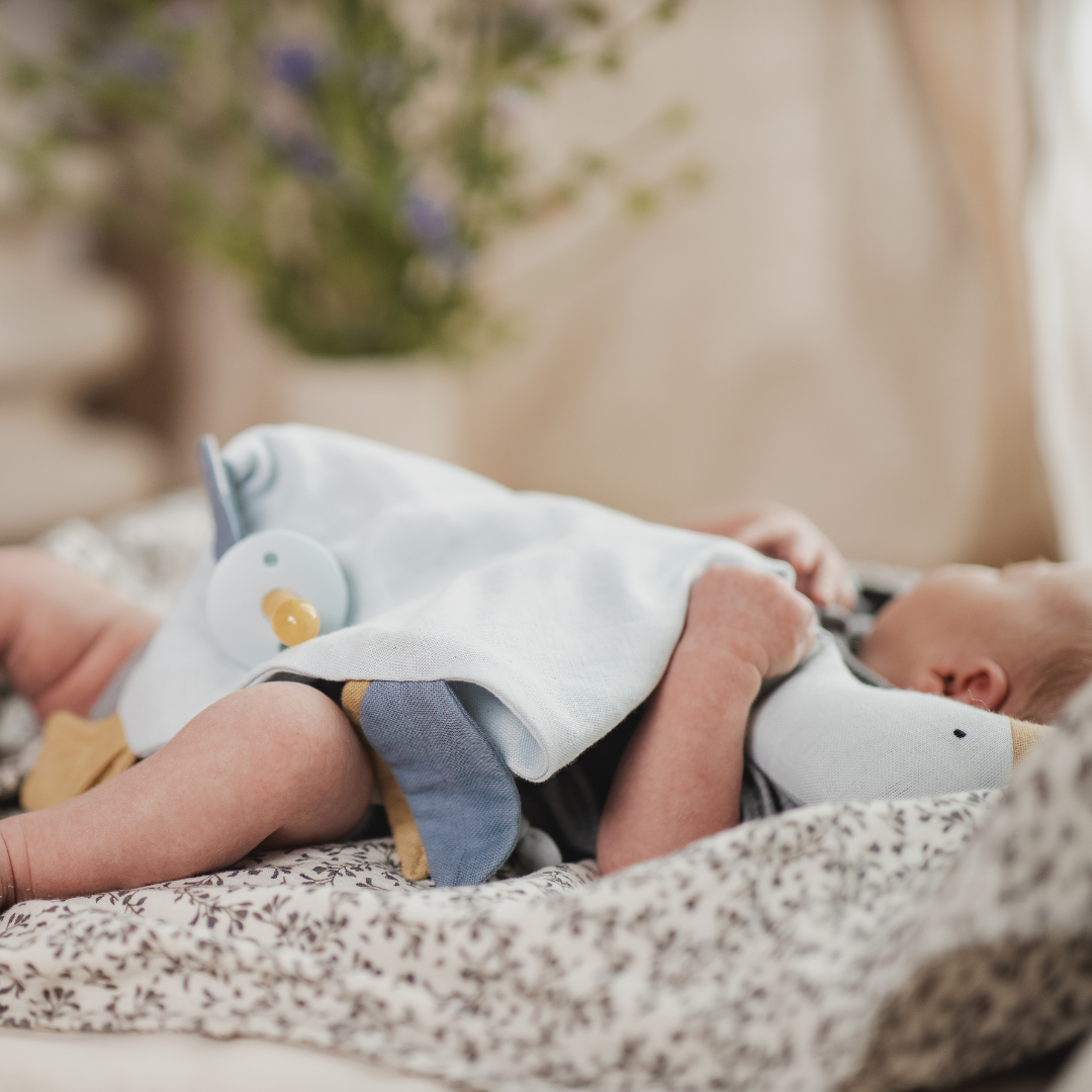 A newborn baby lying on a patterned blanket, wrapped in a light blue blanket and wearing a white and blue outfit, with a pacifier and a plush duck toy nearby in a softly lit room.