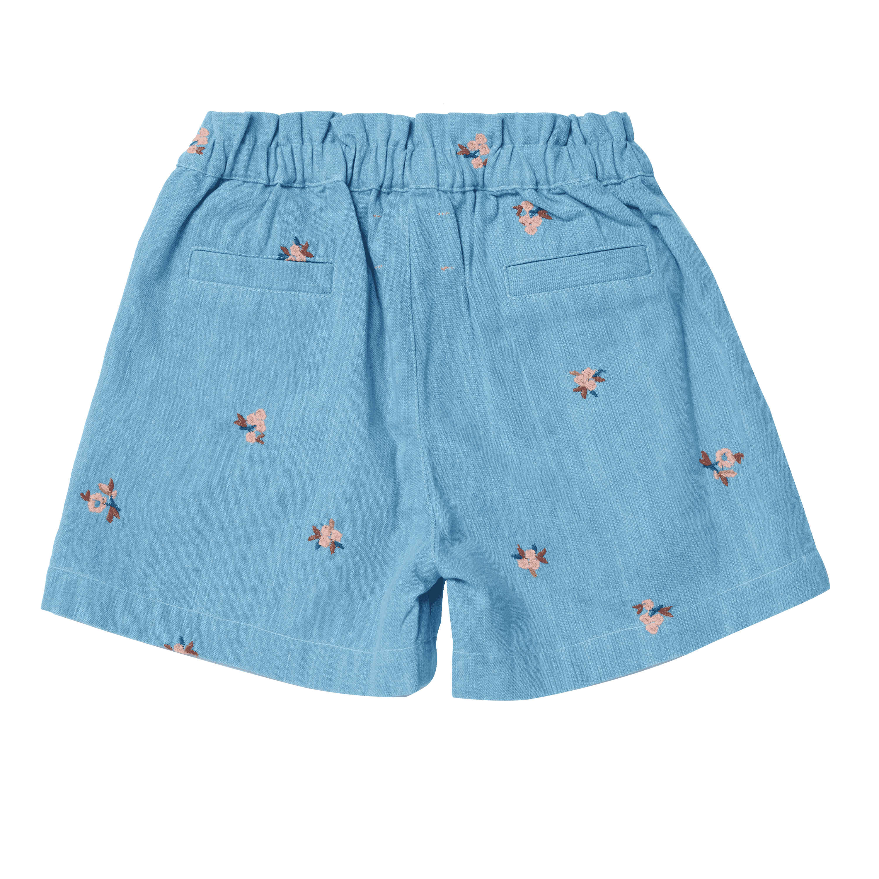 Blue shorts with floral patterns on a black background
