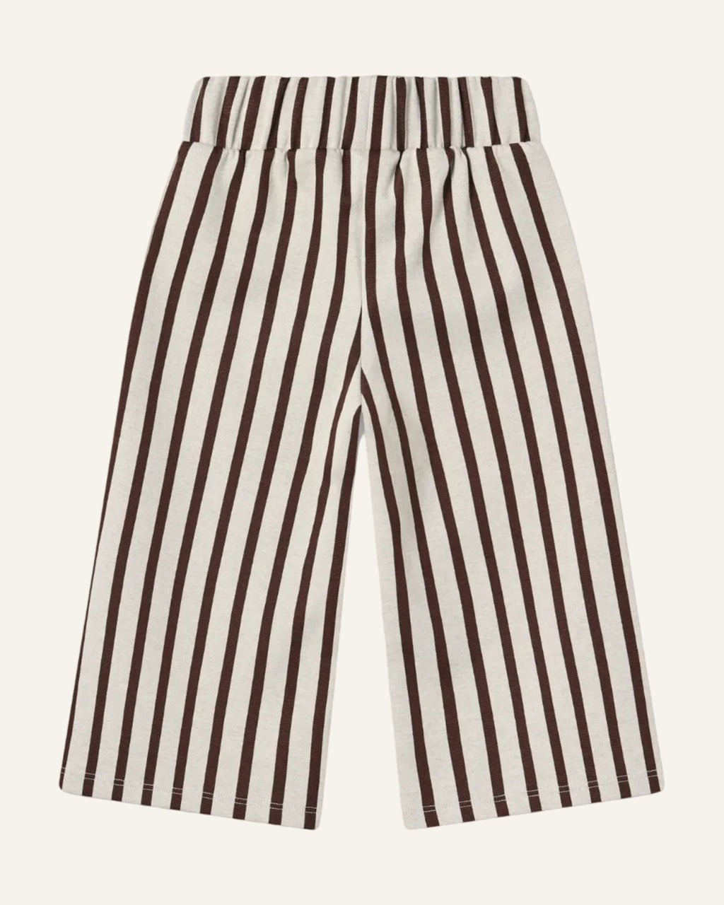 A pair of wide-leg trousers with vertical brown and cream stripes, displayed flat against a light gray background.