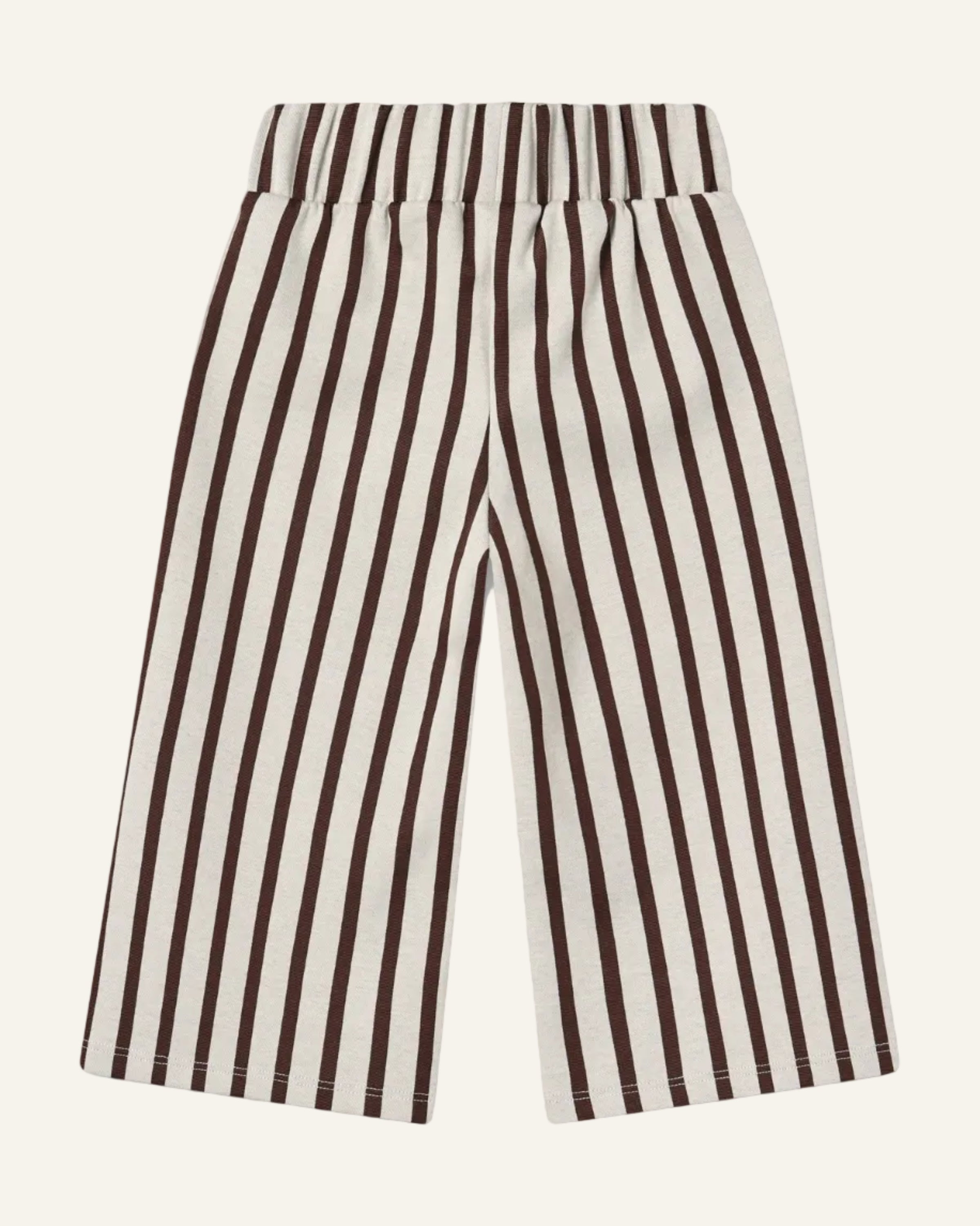 A pair of wide-leg trousers with vertical brown and cream stripes, displayed flat against a light gray background.