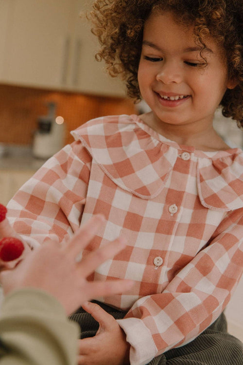 Child wearing a pink and white checkered shirt in a kitchen setting