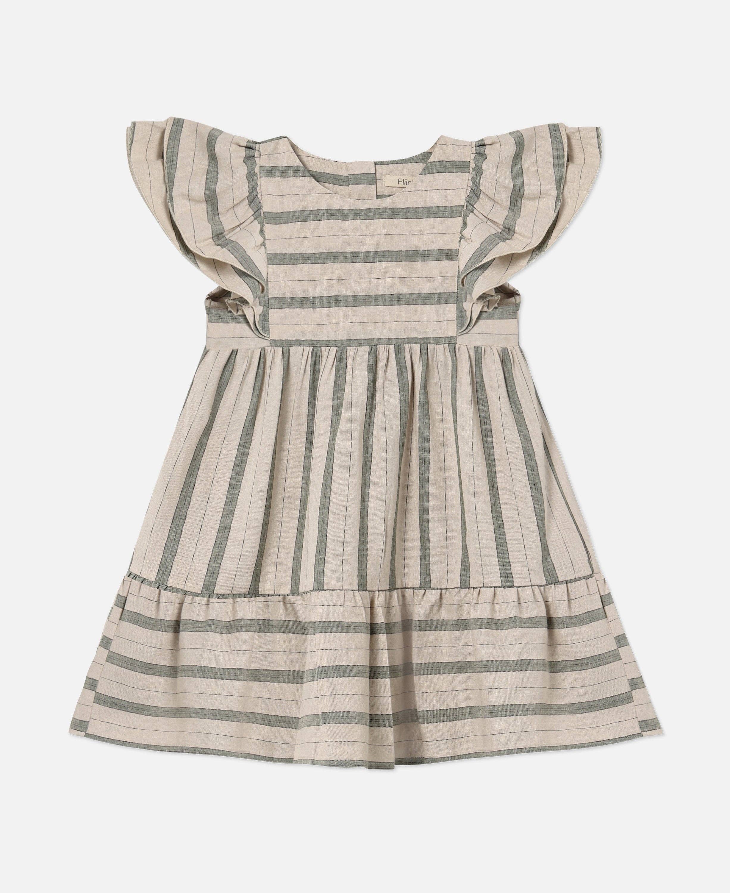 Striped dress with ruffled sleeves on a white background