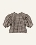 A brown and beige gingham check short-sleeve blouse with puffed sleeves and a ruffled hem, shown flat on a light gray background.