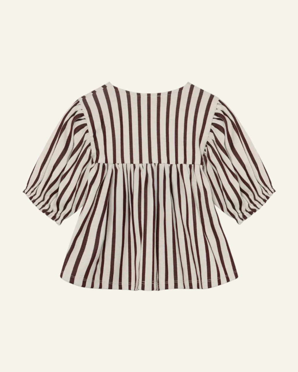 A brown and cream vertically striped blouse with puff sleeves and a gathered peplum hem, shown from the back on a light gray background.