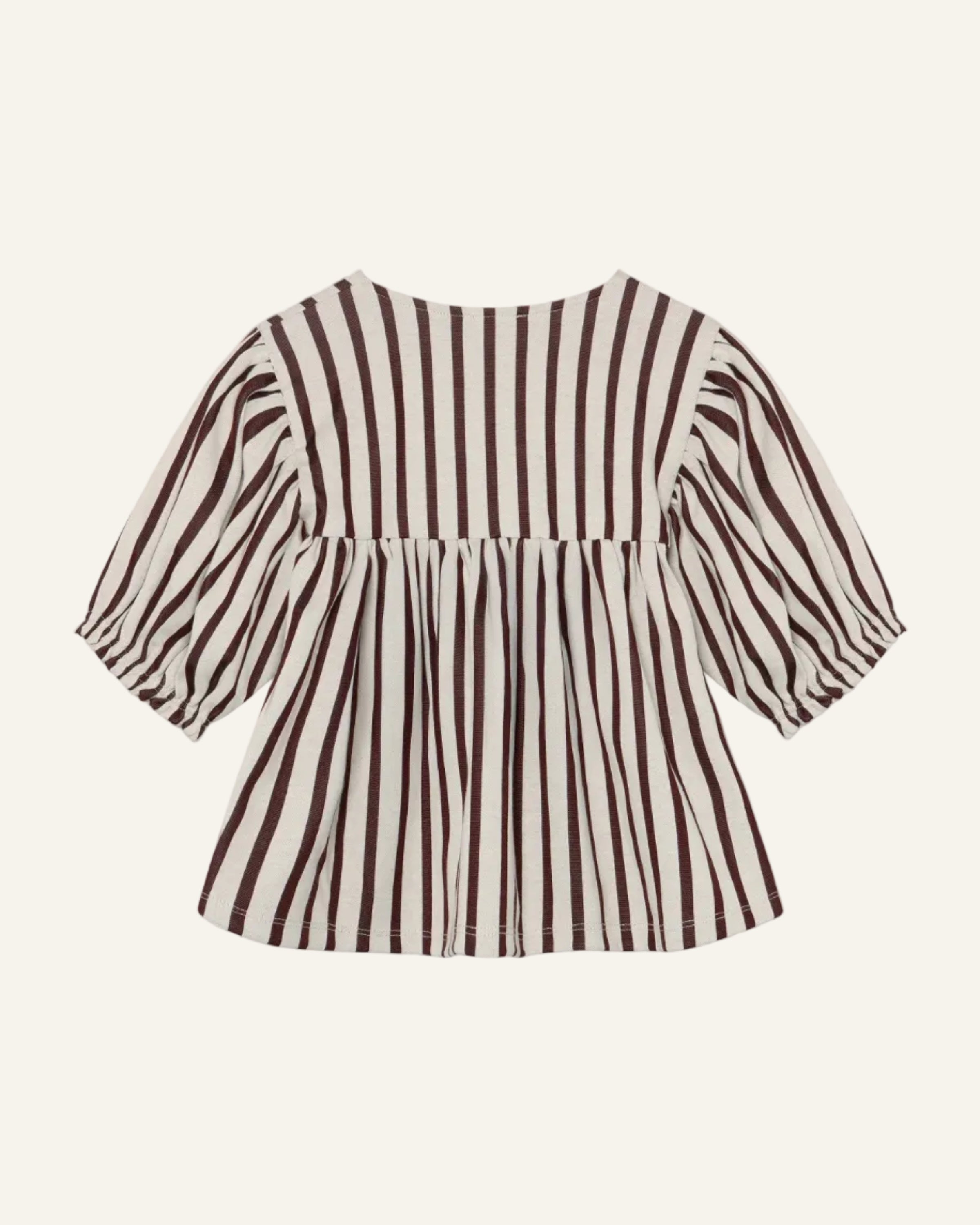 A brown and cream vertically striped blouse with puff sleeves and a gathered peplum hem, shown from the back on a light gray background.