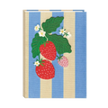 A hardcover notebook with a striped cover featuring blue and beige vertical stripes, decorated with an embroidered strawberry and leaf design in the center.