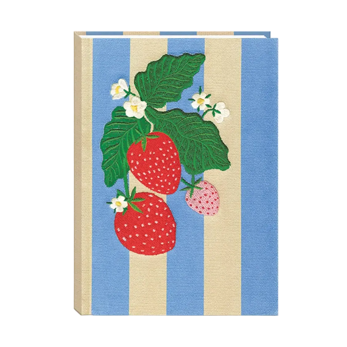 A hardcover notebook with a striped cover featuring blue and beige vertical stripes, decorated with an embroidered strawberry and leaf design in the center.