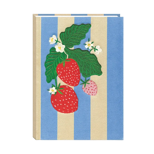 A hardcover notebook with a striped cover featuring blue and beige vertical stripes, decorated with an embroidered strawberry and leaf design in the center.