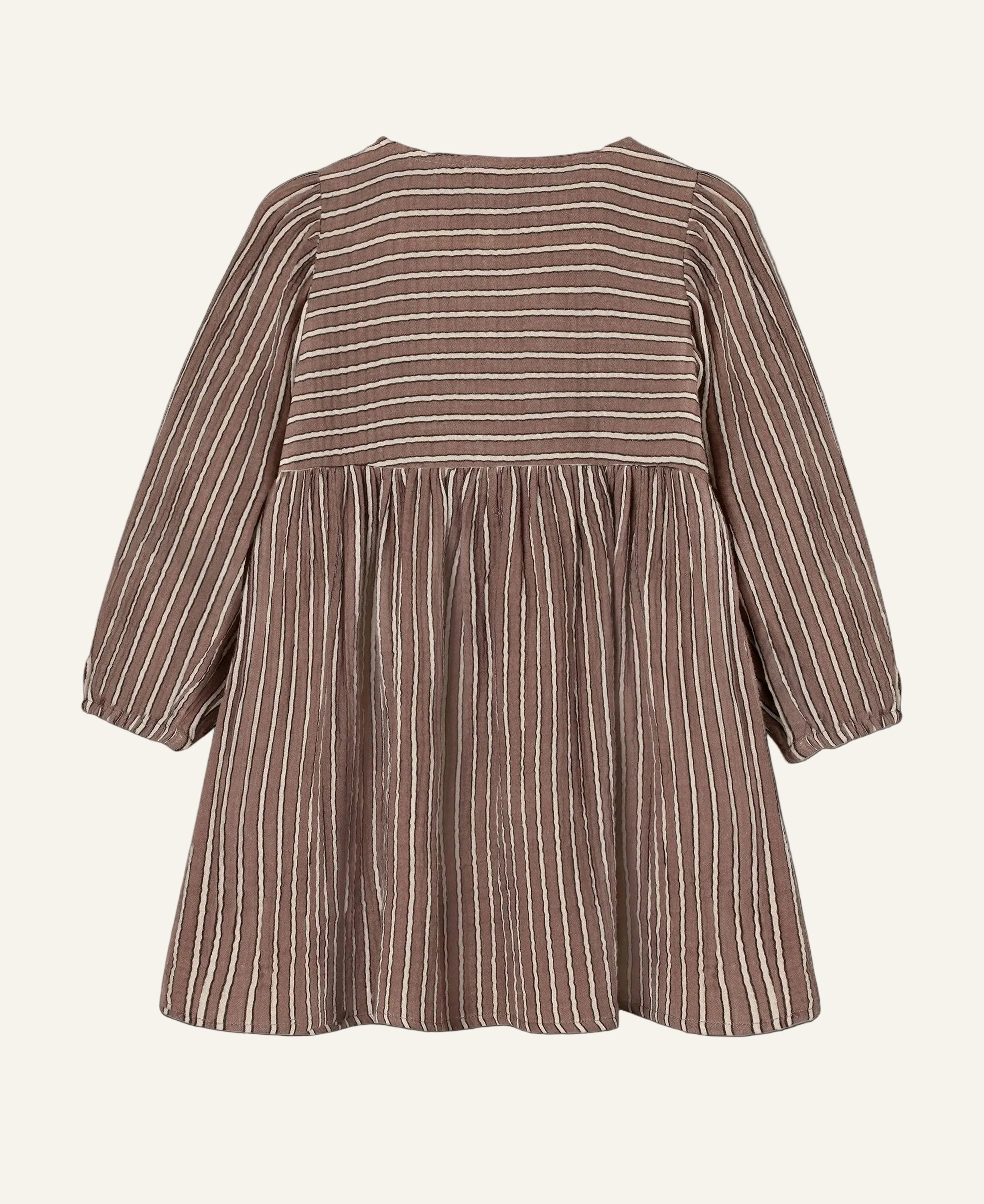 A brown and beige vertically striped long-sleeve dress shown from the back, featuring a gathered waist seam and a flared skirt, set against a plain light gray background.