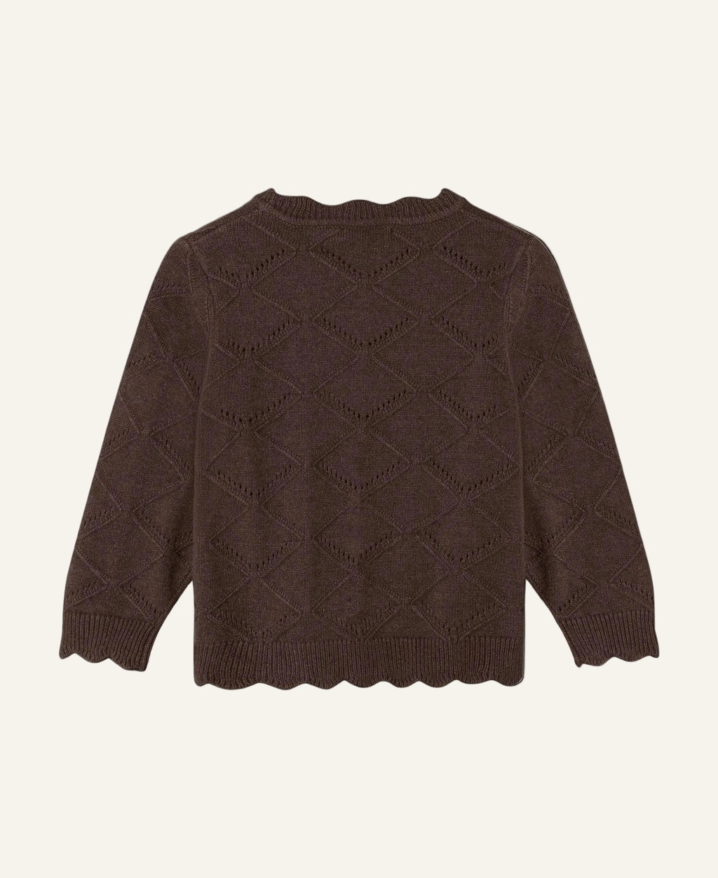 A dark brown knit sweater with a diamond cable pattern and scalloped edges, shown from the back on a light gray background.