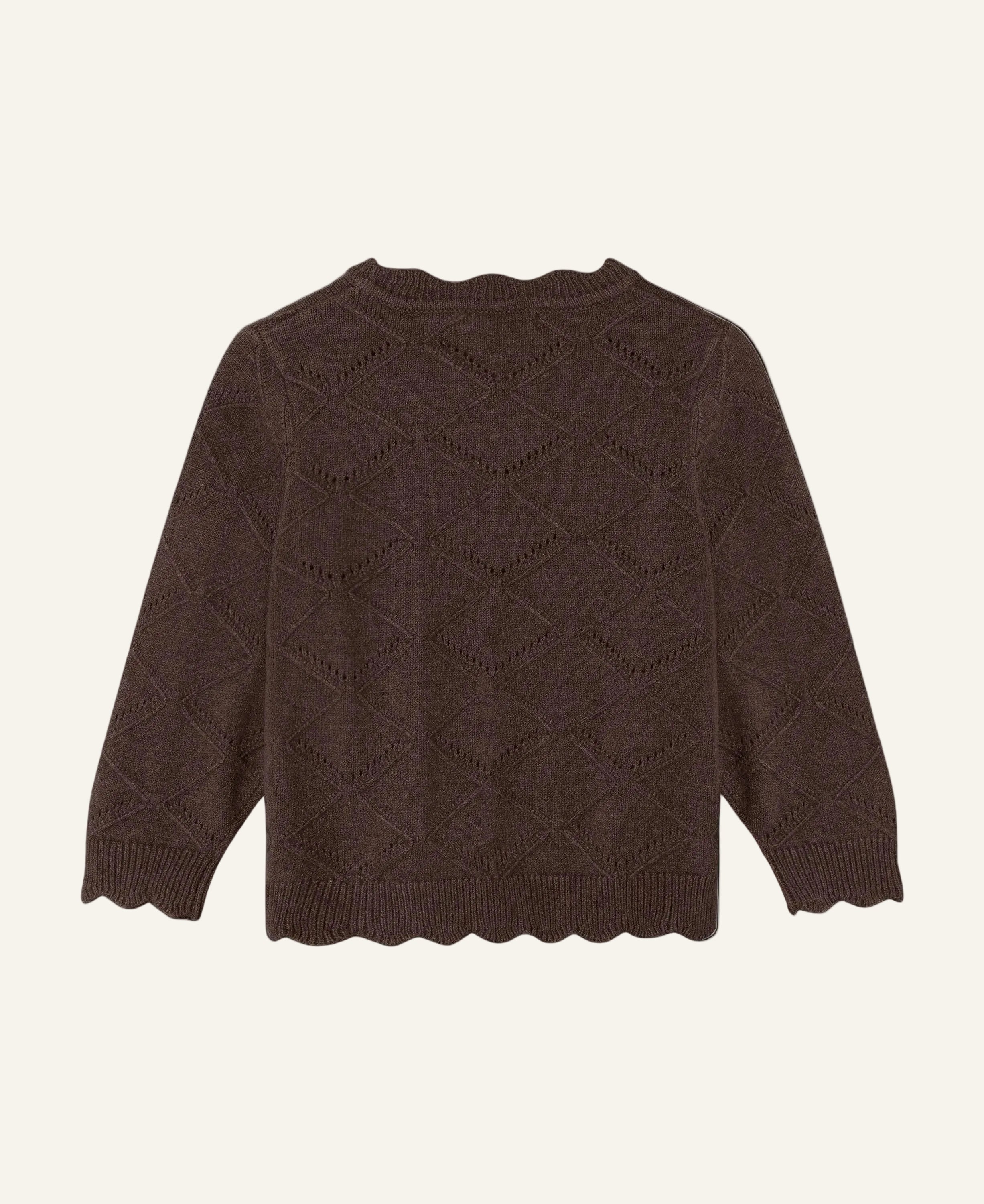 A dark brown knit sweater with a diamond cable pattern and scalloped edges, shown from the back on a light gray background.