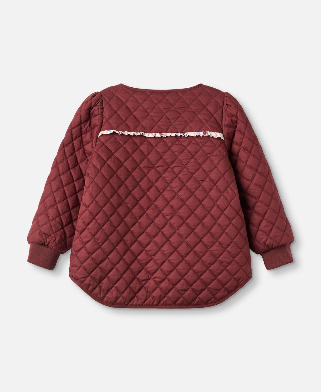 A quilted burgundy children's jacket with a decorative floral ruffle trim across the upper back, shown from the back on a light gray background.