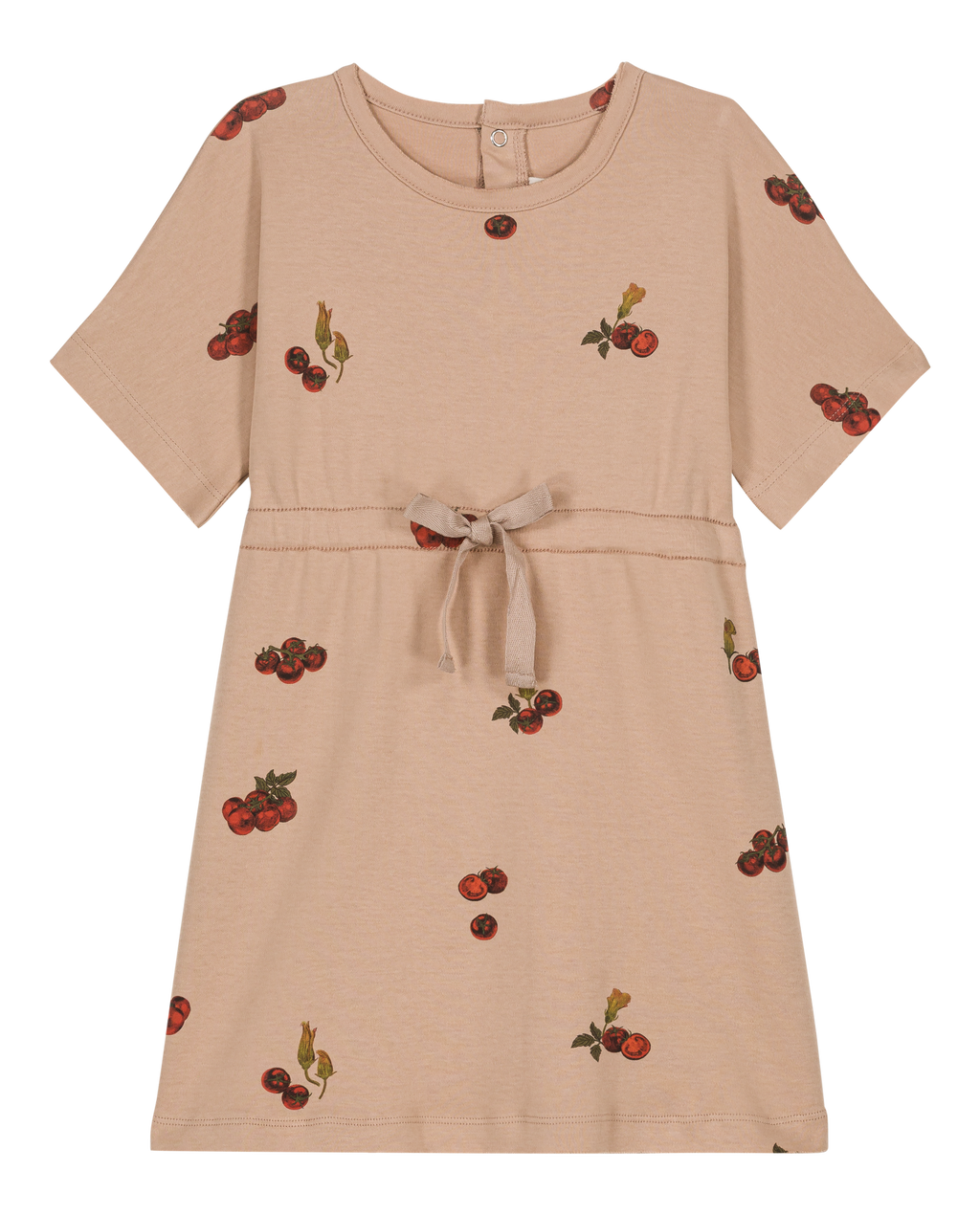 Beige dress with cherry embroidery on a white background