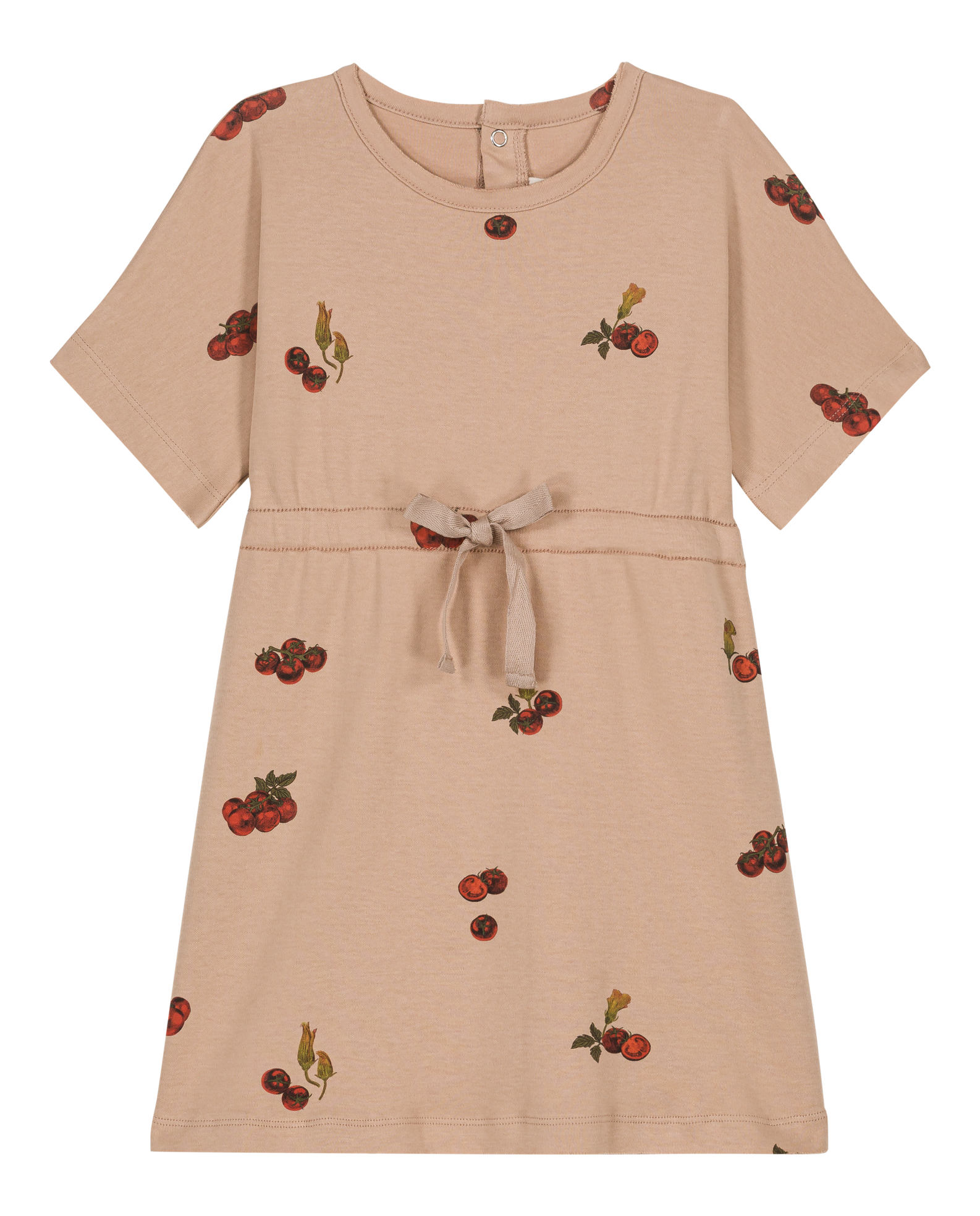 Beige dress with cherry embroidery on a white background