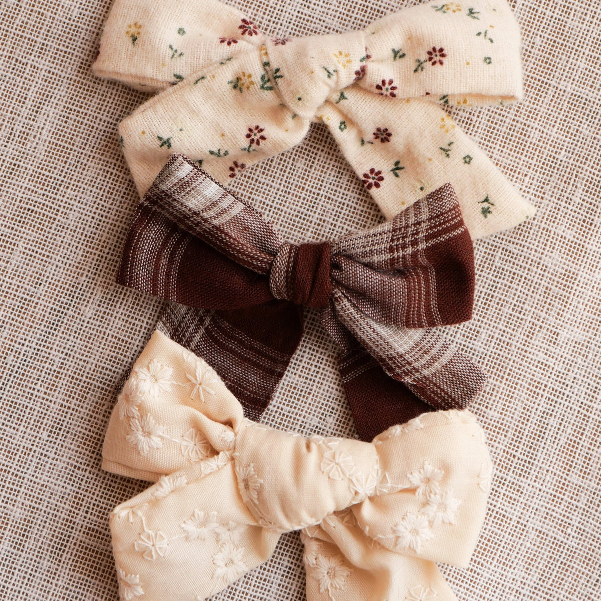 Set of Three Bow Hair Clips – Floral, Tartan &amp; Macramé