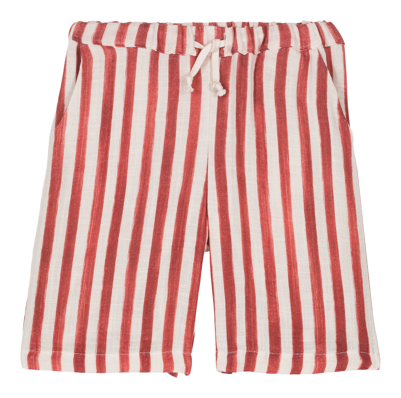 Red and white striped shorts on a white background