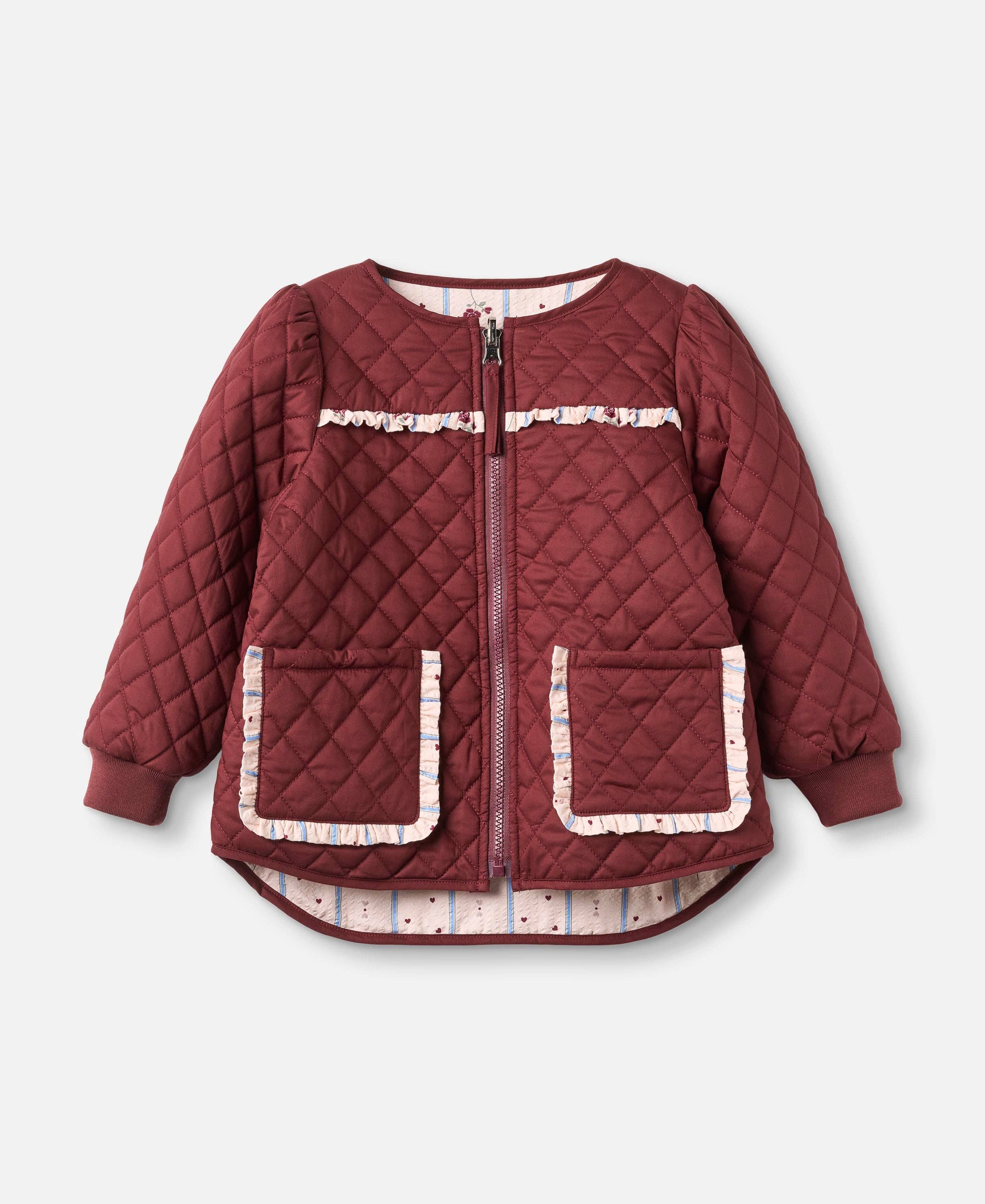 A quilted burgundy zip-up jacket with floral patterned trim on the pockets and chest, displayed flat against a light gray background.